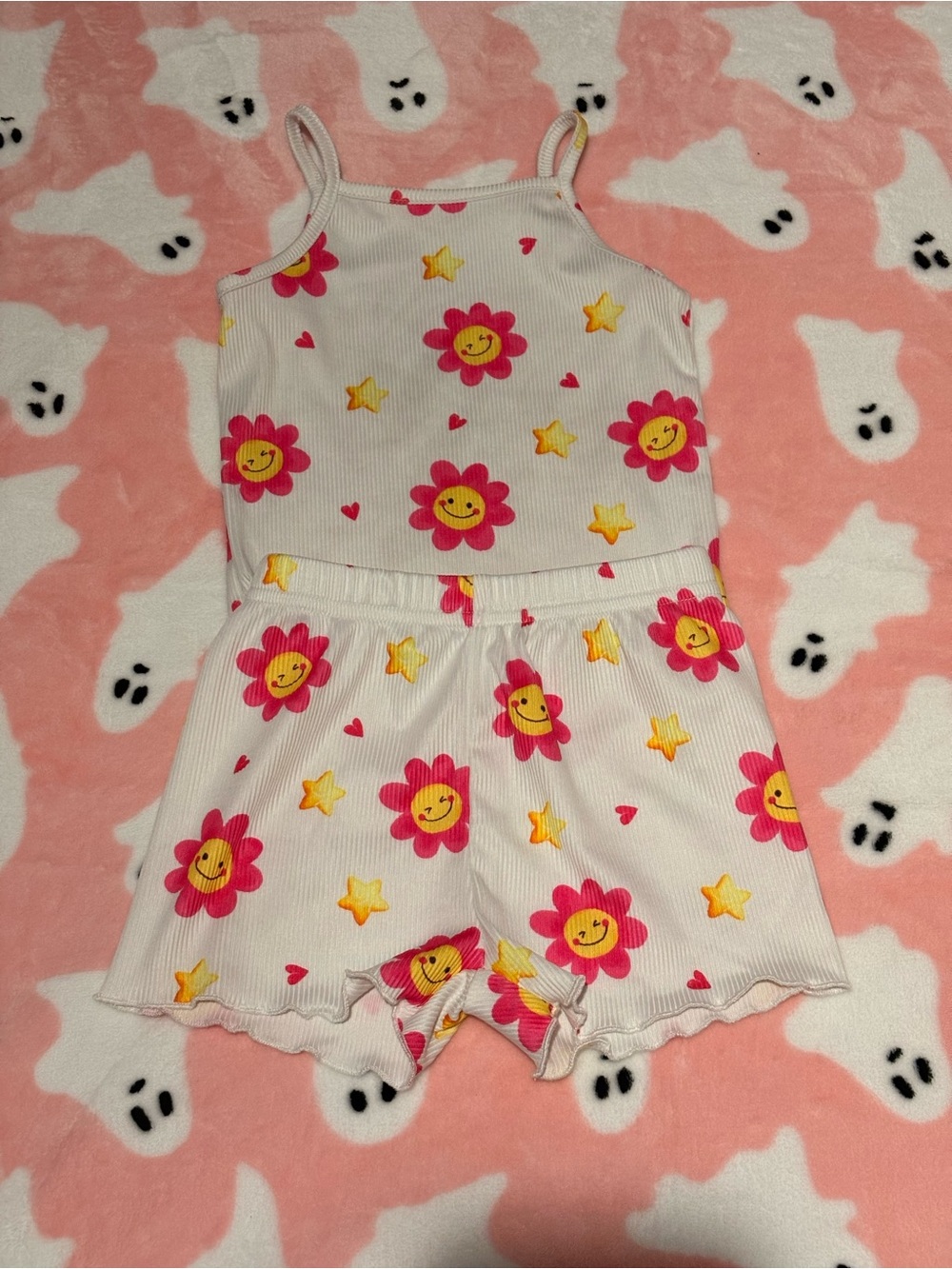 SHEIN White Tank & Shorts Set with Pink Smiley Flowers and Yellow Stars